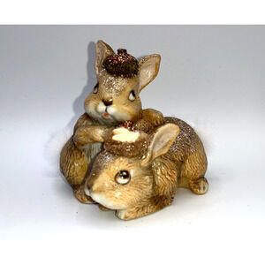 Vintage Ceramic Mr Mrs Bunny Glitter Acorn Hat Candy Hat Spring Easter OOAK Art